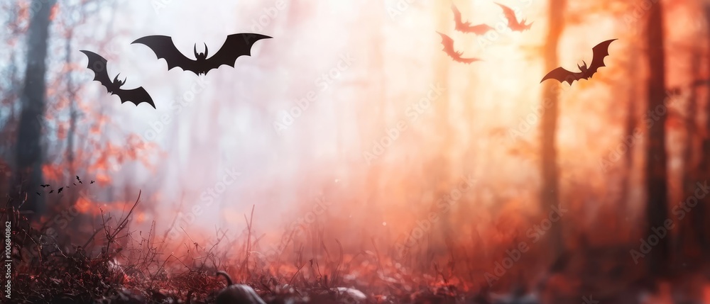 A group of bats flies above a forest, their silhouettes contrasting against the sky Tall trees and grass reach up from the background A group of bats flies above a forest, their silhouettes contrasting against the sky Tall trees and grass reach up from the background