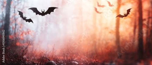  A group of bats flies above a forest, their silhouettes contrasting against the sky Tall trees and grass reach up from the background