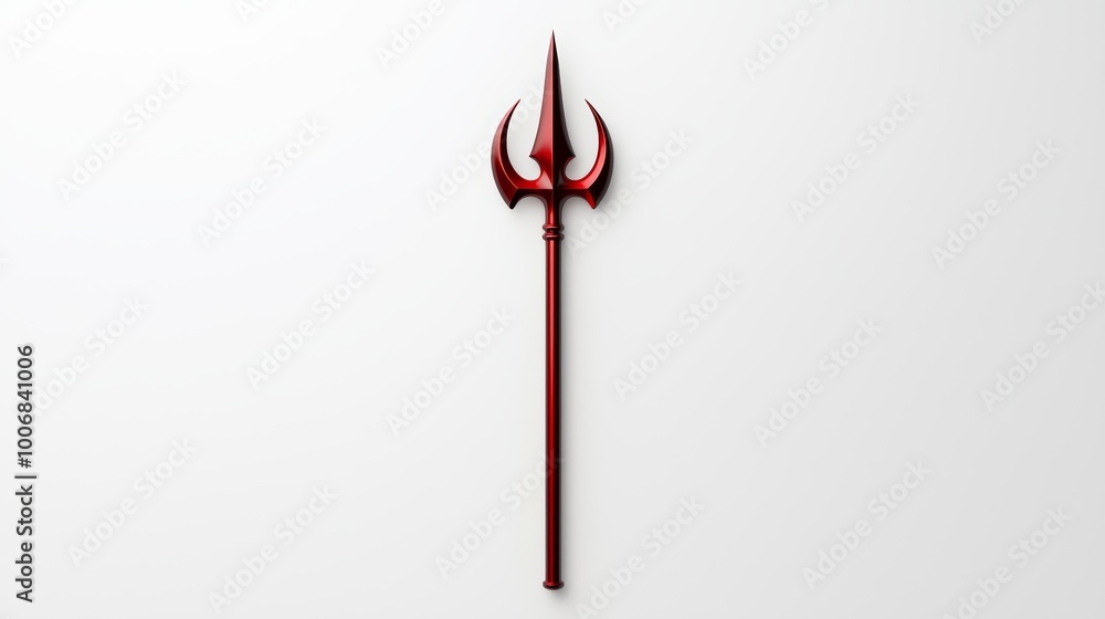 A devil s trident, shiny and sharp, with red accents, standing upright against a white background A devil s trident, shiny and sharp, with red accents, standing upright against a white background