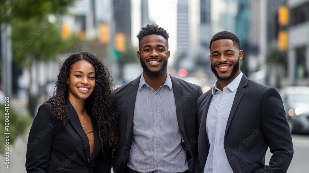 Three young professionals stand together on a city street, showcasing their casual business attire with confident smiles against a dynamic urban backdrop, perfect for a contemporary corporate vibe Three young professionals stand together on a city street, showcasing their casual business attire with confident smiles against a dynamic urban backdrop, perfect for a contemporary corporate vibe