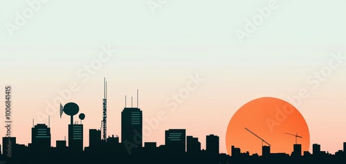 A flat design of a city skyline filled with antennas, satellites, and telecommunication towers, all connected by data lines