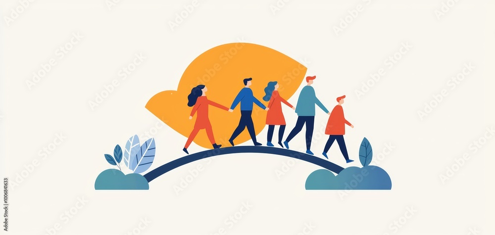 A flat design of a leader guiding a group of people across a bridge, symbolizing transition and growth A flat design of a leader guiding a group of people across a bridge, symbolizing transition and growth