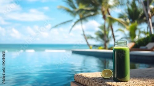 Green Juice Bottle by the Poolside.