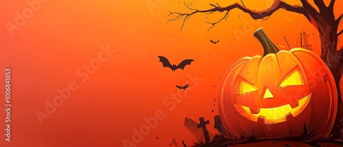 Jack O' Lantern in foreground, tree populated by bats