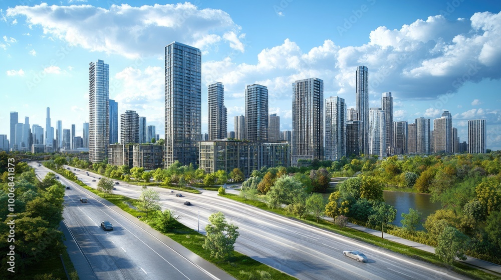 Tall buildings dominate the urban skyline with green space and a road in the foreground, offering a serene contrast in this bustling cityscape. Tall buildings dominate the urban skyline with green space and a road in the foreground, offering a serene contrast in this bustling cityscape.