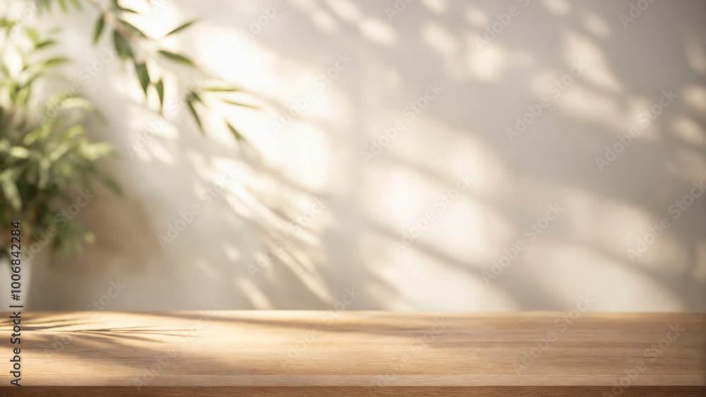 Beautiful background with wooden table and foliage shadow on wall