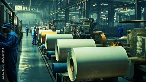 Vintage 1970 Large Paper Rolls Moving Through 1970s Factory Assembly Line
