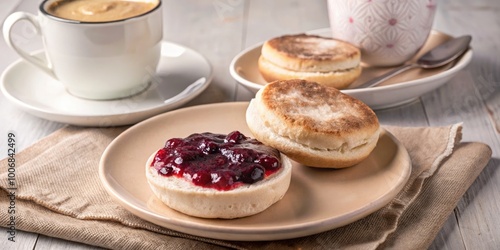 Toasted English muffins with jam and a cup of coffee.