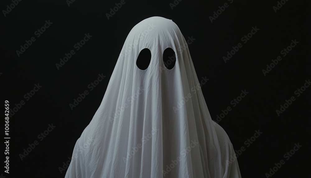 A ghost costume made of a simple white sheet with eye holes, fluttering as if in mid-flight A ghost costume made of a simple white sheet with eye holes, fluttering as if in mid-flight