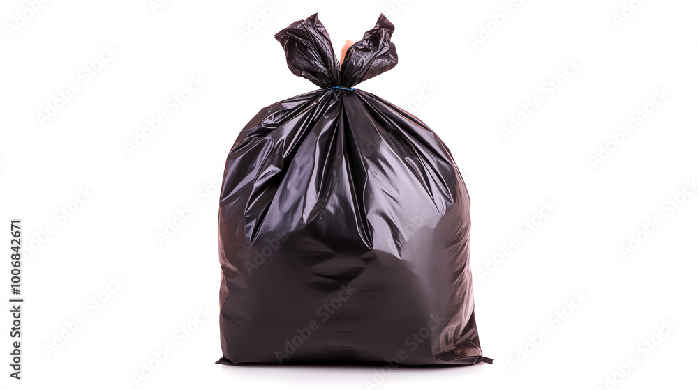 Black garbage bag filled with waste, white isolated background. Black garbage bag filled with waste, white isolated background.
