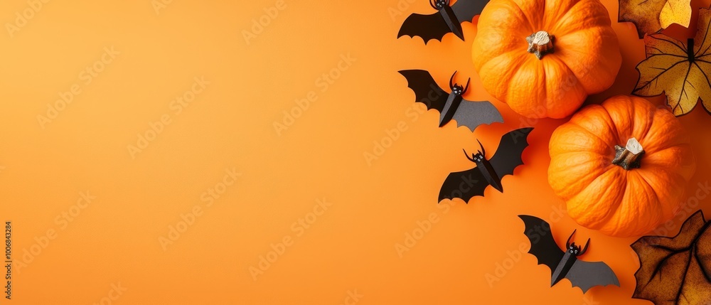A collection of pumpkins atop a table, with bats suspended from their stem tops A collection of pumpkins atop a table, with bats suspended from their stem tops
