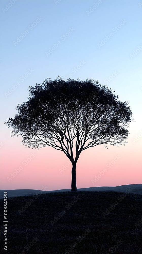 Silhouette of a lone tree against a soft pink and blue sunset sky. Silhouette of a lone tree against a soft pink and blue sunset sky.