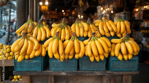 Ripe Yellow Bananas in Baskets at a Market Stall