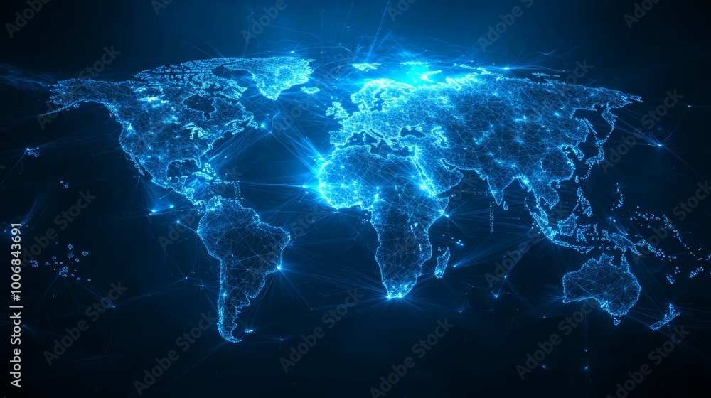 custom made wallpaper toronto digitalA holographic display of a world map, highlighting major telecommunication hubs and satellite paths