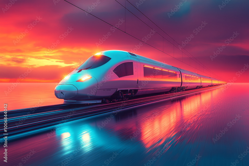 A sleek modern train speeding along a railway, floating on a pastel surface, A sleek modern train speeding along a railway, floating on a pastel surface,