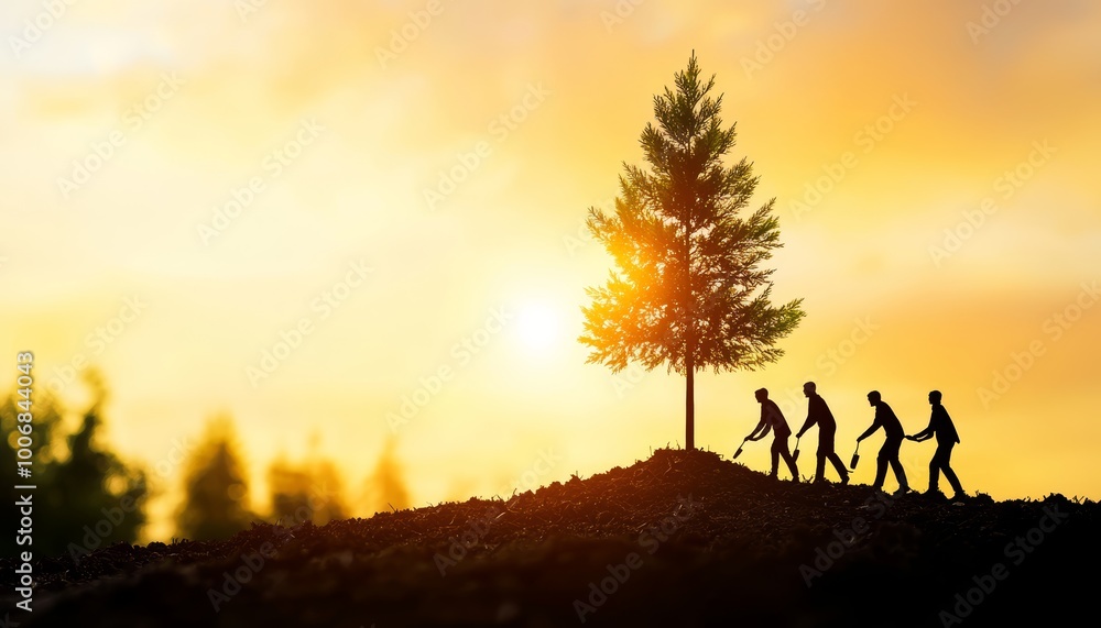 A leader planting a tree, with their team helping to water and nurture it, symbolizing growth, sustainability, and long-term vision A leader planting a tree, with their team helping to water and nurture it, symbolizing growth, sustainability, and long-term vision