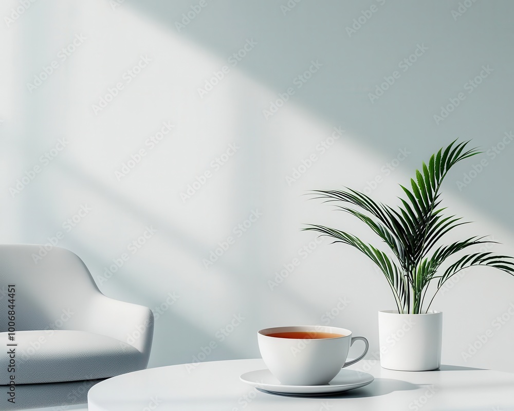 Softly lit office break area with lounge seating, a few plants, and a cup of tea on the side, Relaxing office space, calm and cozy Softly lit office break area with lounge seating, a few plants, and a cup of tea on the side, Relaxing office space, calm and cozy