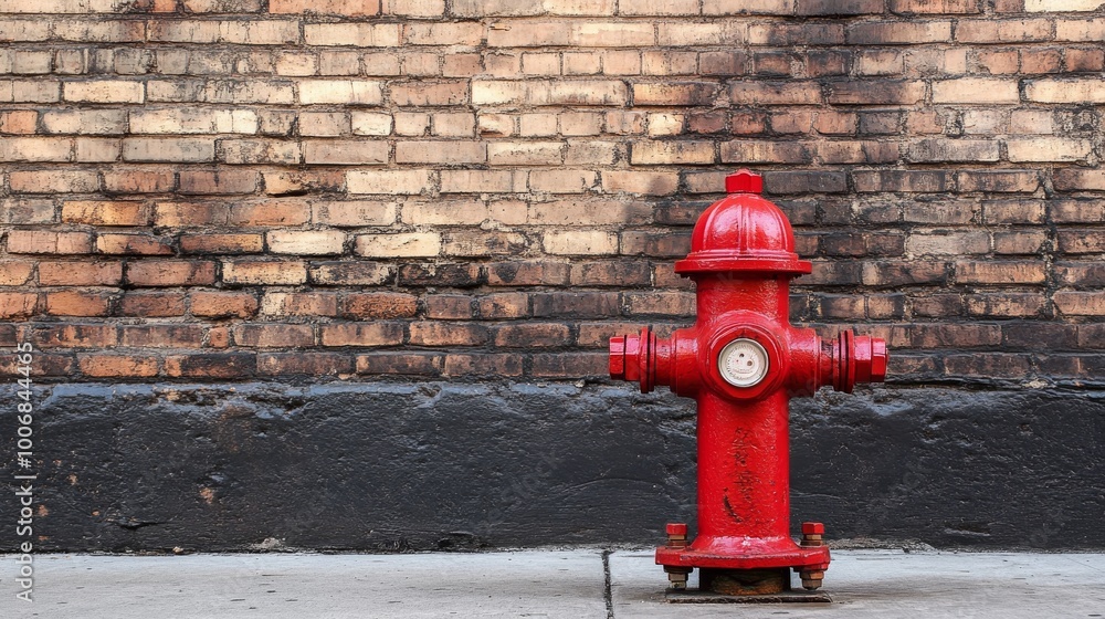 red fire hydrant against brick wall, urban red fire hydrant against brick wall, urban