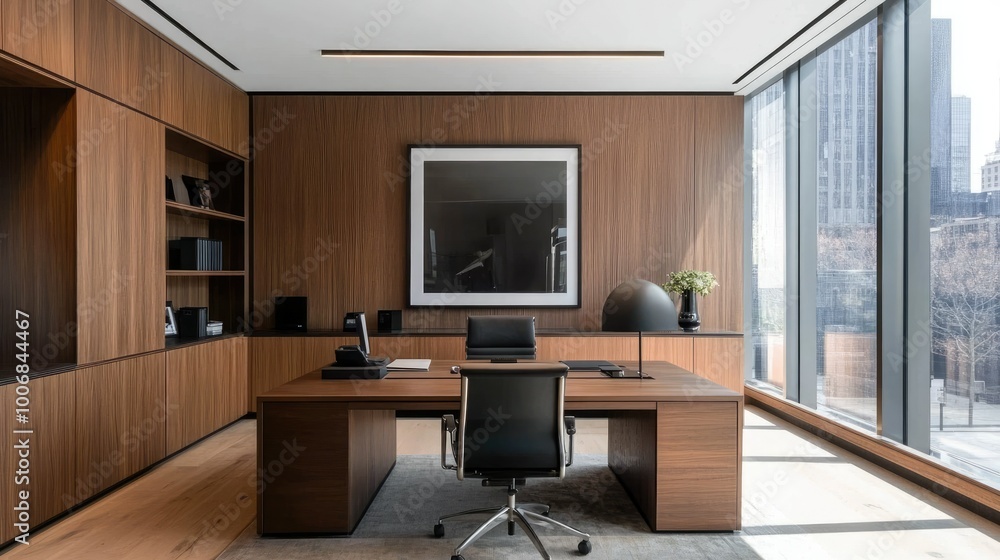 Wooden feature wall with a large framed poster in a sleek office. Expansive windows fill the room with natural light, highlighting the minimalist desk arrangements. Wooden feature wall with a large framed poster in a sleek office. Expansive windows fill the room with natural light, highlighting the minimalist desk arrangements.
