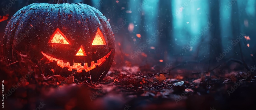 A jack-o-lantern pumpkin sits in a forest's heart, surrounded by fallen autumn leaves Water droplets decorate its carved features A jack-o-lantern pumpkin sits in a forest's heart, surrounded by fallen autumn leaves Water droplets decorate its carved features