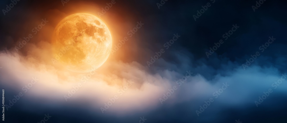 A full moon bathed in cloudy sky, emitting bright orange light from its peak at night A full moon bathed in cloudy sky, emitting bright orange light from its peak at night