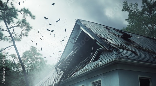 A house with a severely damaged roof after a tornado, debris scattered around, dark skies in the background, trees bent from the wind, selective focus

 photo