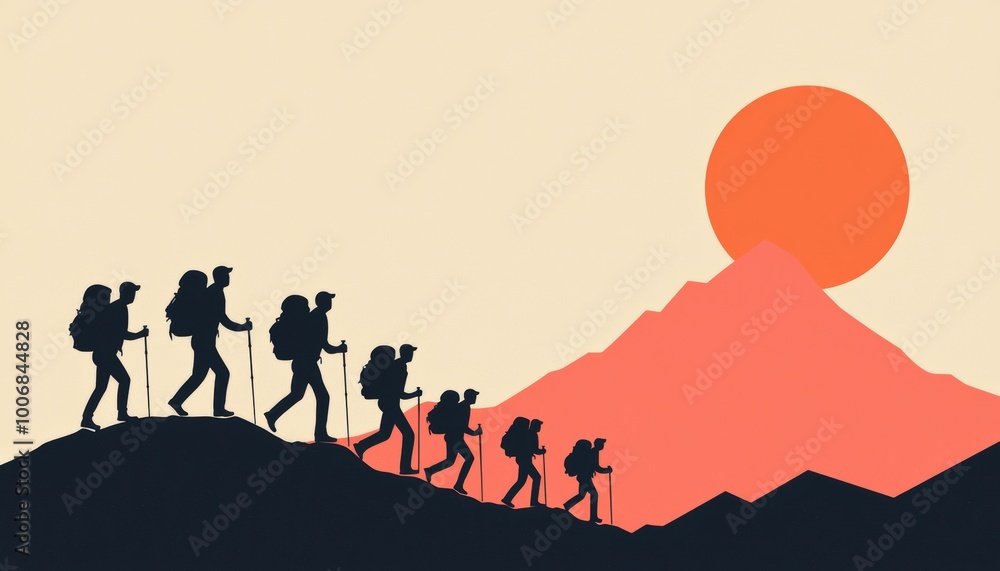 Fototapeta premium A leader walking at the front of a team of hikers, guiding them up a mountain trail toward a distant peak