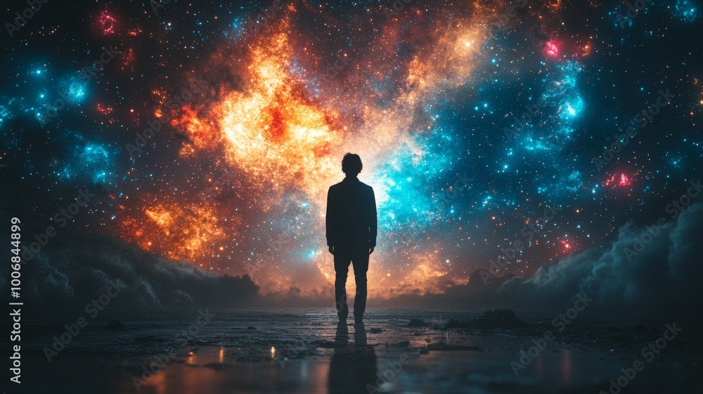 Falling into the galaxy, the silhouette of a man falling towards the center of the galaxy Falling into the galaxy, the silhouette of a man falling towards the center of the galaxy