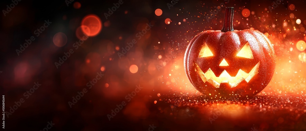 A jack-o-lantern is illuminated against a dark backdrop, surrounded by a halo of light A jack-o-lantern is illuminated against a dark backdrop, surrounded by a halo of light
