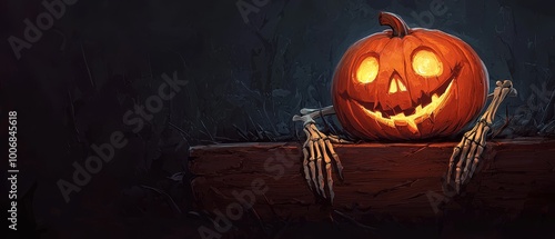  A carved pumpkin atop wood, sporting a creepy face and extending handlike features photo