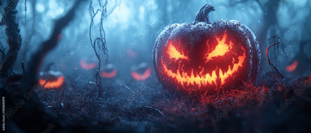 A carved pumpkin, seated amidst a forest filled with gourds, sports intricate features as its countenance and radiates luminous eyes A carved pumpkin, seated amidst a forest filled with gourds, sports intricate features as its countenance and radiates luminous eyes