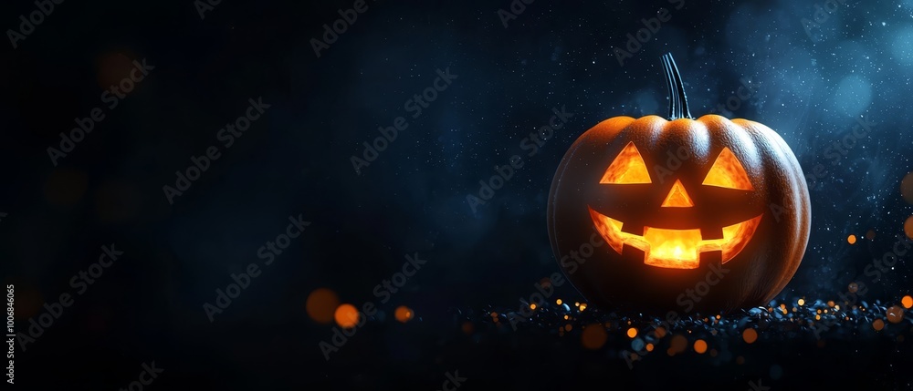 A jack-o-lantern glows in the dark, illuminated by lights circling it A jack-o-lantern glows in the dark, illuminated by lights circling it