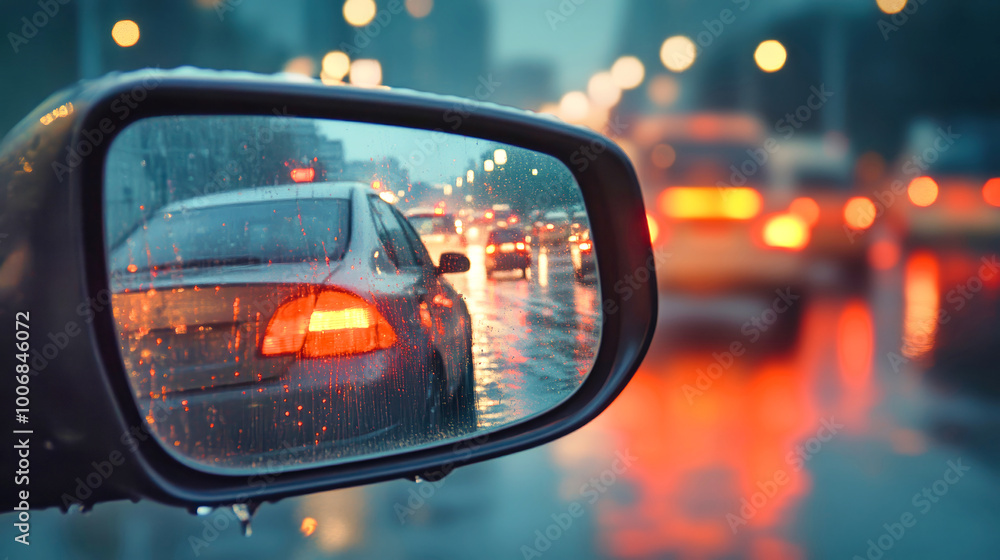 Reflection of city traffic in a rear view mirror during a rainy evening, showcasing a photorealistic perspective and vibrant lights Reflection of city traffic in a rear view mirror during a rainy evening, showcasing a photorealistic perspective and vibrant lights