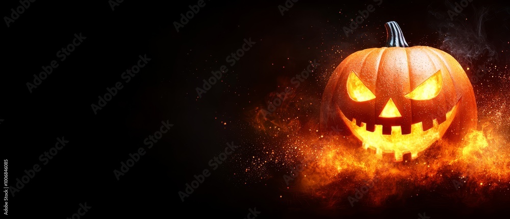 Jack-o-lantern pumpkin against black backdrop, fiery mouth, and glowing eyes Jack-o-lantern pumpkin against black backdrop, fiery mouth, and glowing eyes