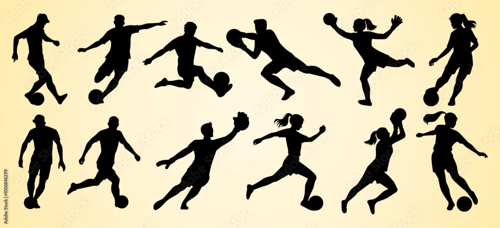 This image features silhouettes of soccer players in various active poses, including kicking, dribbling, and goalkeeping. Both male and female athletes are represented, showing dynamic movement. This image features silhouettes of soccer players in various active poses, including kicking, dribbling, and goalkeeping. Both male and female athletes are represented, showing dynamic movement.