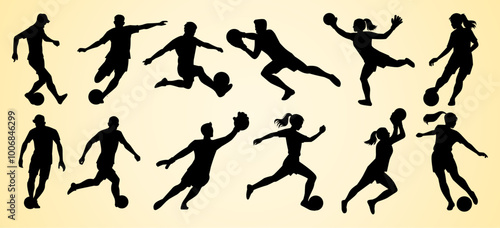 This image features silhouettes of soccer players in various active poses, including kicking, dribbling, and goalkeeping. Both male and female athletes are represented, showing dynamic movement.
