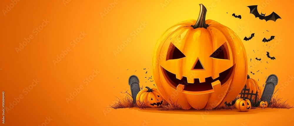 A solitary pumpkin bears a Jack-o-lantern visage in a sea of pumpkins A solitary pumpkin bears a Jack-o-lantern visage in a sea of pumpkins