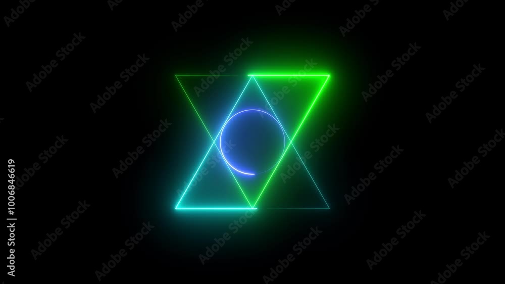green aquamarine color glowing neon light tringle and orange color rectangle animation on black background modern glowing abstract green aquamarine color glowing neon light tringle and orange color rectangle animation on black background modern glowing abstract