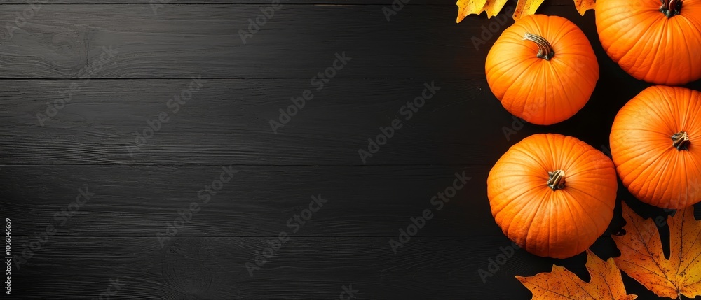 A collection of orange pumpkins atop a wooden table, adjacent to a bundle of yellow autumn leaves A collection of orange pumpkins atop a wooden table, adjacent to a bundle of yellow autumn leaves
