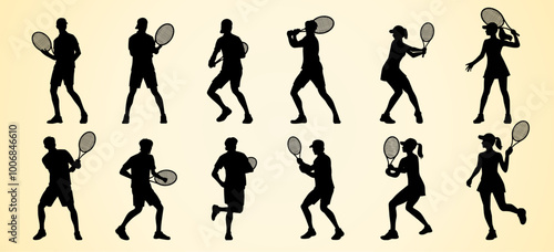 This image displays silhouettes of tennis players in various action poses, holding rackets while performing different strokes like serving, volleying, and backhand swings, showcasing dynamic movements