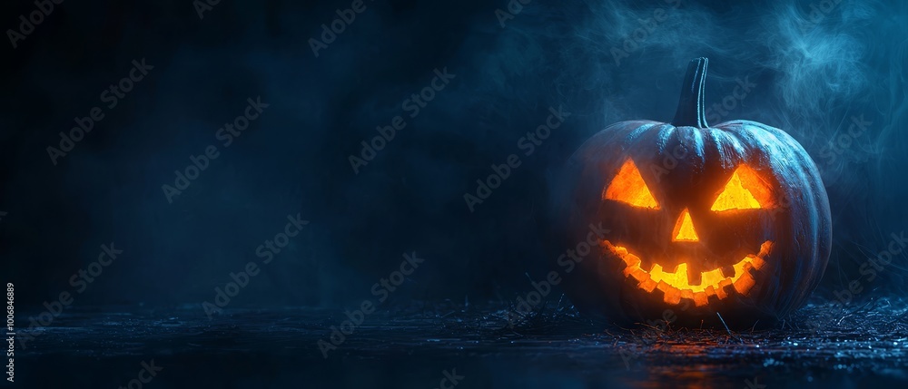 A jack-o-lantern pumpkin emits light in the dark, smoking from its top, and bears a radiant, glowing face A jack-o-lantern pumpkin emits light in the dark, smoking from its top, and bears a radiant, glowing face
