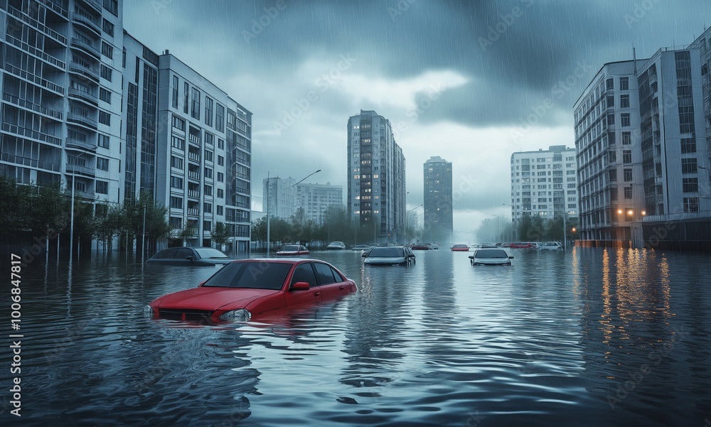 Fototapeta premium Urban area severely flooded, cars almost fully submerged in water, tall residential buildings lining the streets, cloudy and stormy weather, selective focus, copy space