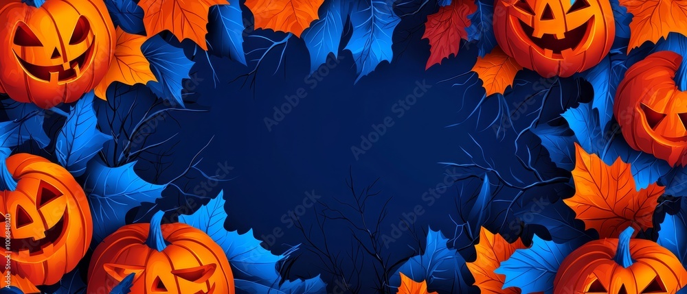 Blue background with pumpkins and autumn leaves; text space on the left side Blue background with pumpkins and autumn leaves; text space on the left side