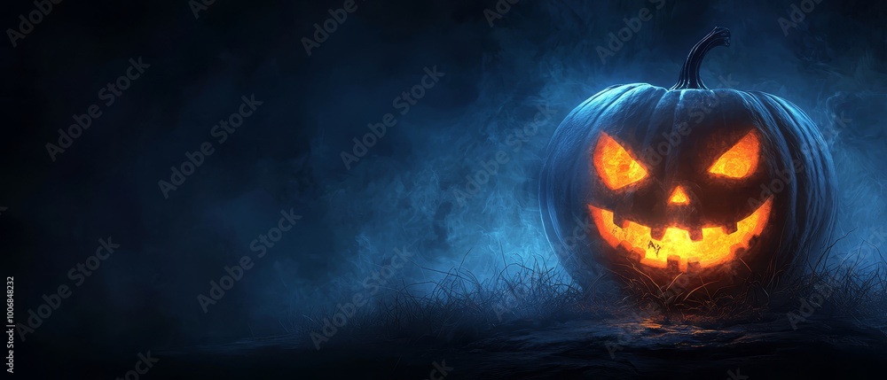 A jack-o-lantern pumpkin emits light in the darkness, its eyes and face glowing with fear A jack-o-lantern pumpkin emits light in the darkness, its eyes and face glowing with fear