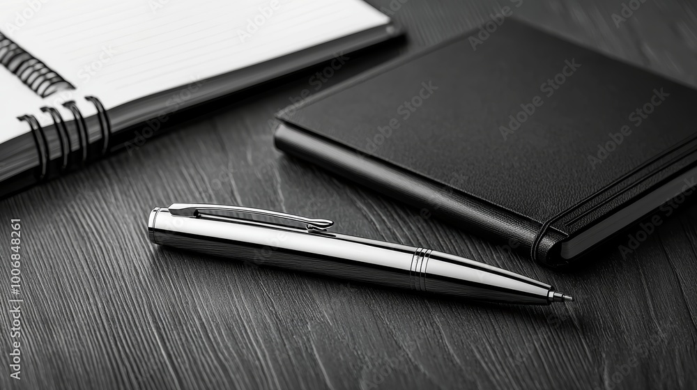 A shiny stainless steel pen mockup, resting on a dark wooden desk with a notebook beside it A shiny stainless steel pen mockup, resting on a dark wooden desk with a notebook beside it