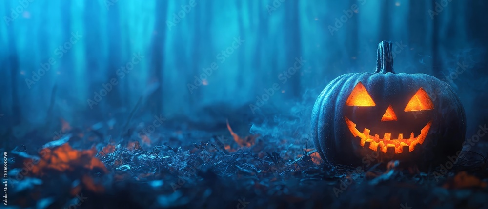 A jack-o-lantern pumpkin sits in the forest's heart, its face aglow A jack-o-lantern pumpkin sits in the forest's heart, its face aglow