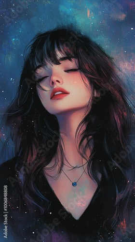 Woman with Closed Eyes in a Dreamy Starry Background 