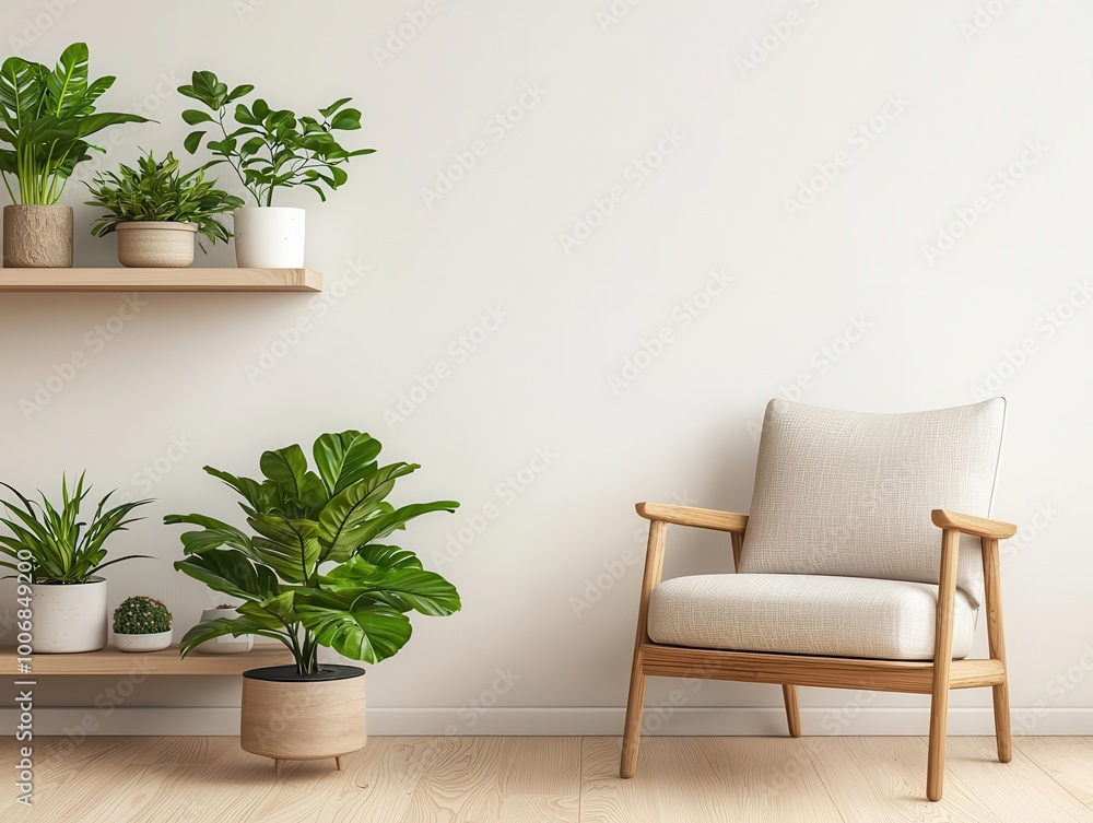 Fototapeta premium Office relaxation nook with minimalist furniture, indoor plants, and natural lighting, Office relaxation corner, calm and serene