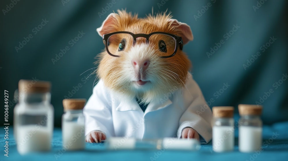 A curious guinea pig in a lab coat examines small glass jars on a bright blue background during a quirky science experiment. A curious guinea pig in a lab coat examines small glass jars on a bright blue background during a quirky science experiment.