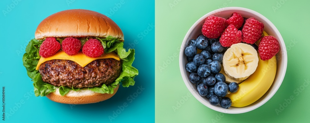 Split-image, a hamburger with extra toppings on the left, contrasted with a bowl of fresh raspberries, blueberries, and a banana on the right. Split-image, a hamburger with extra toppings on the left, contrasted with a bowl of fresh raspberries, blueberries, and a banana on the right.